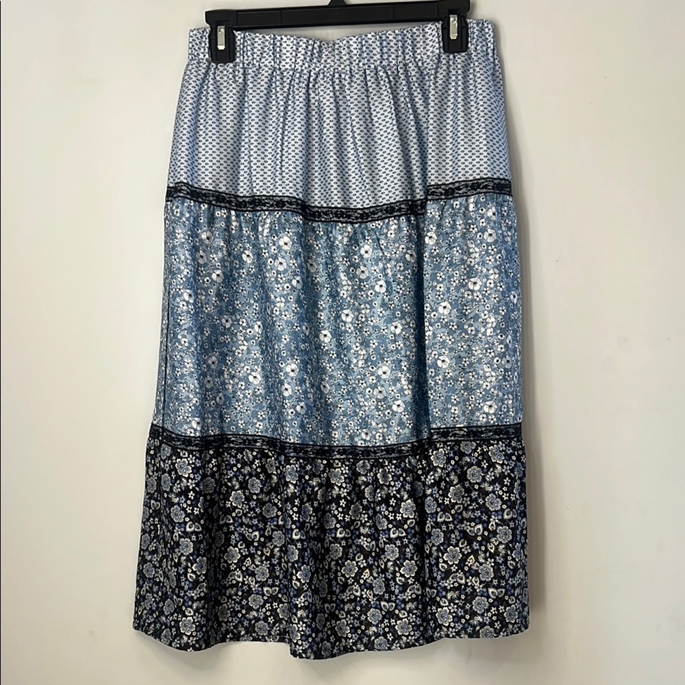 NWOT H by Halston Women's Navy Blue Floral Patchwork Midi Skirt Size Large